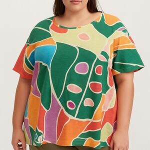 Christian Siriano NWT 100% Linen Abstract Print Tee Short Sleeve Back Button 3X